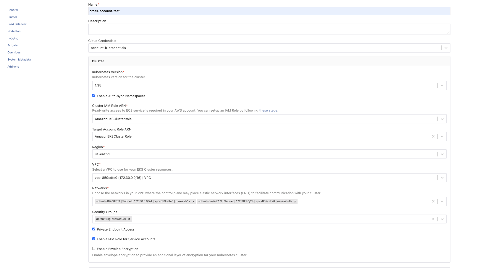 EKS cluster type settings for the target account
